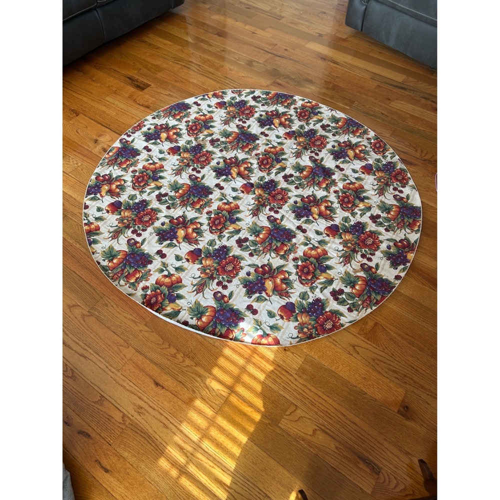Vintage Round Harvest Tablecloth Pumpkin Grape Floral Autumn Fall Decor Cream